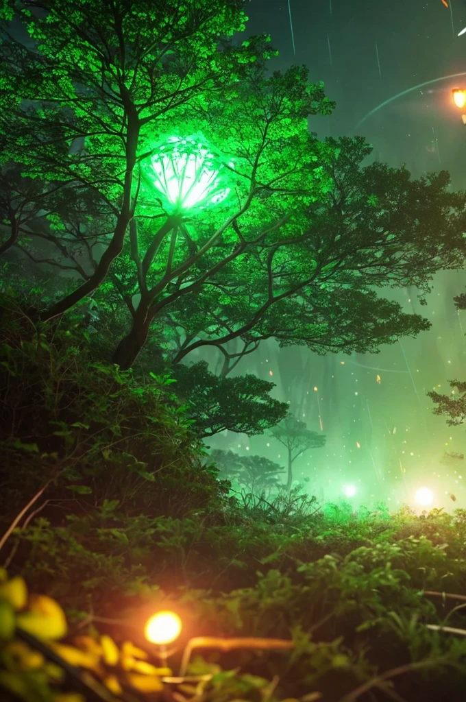 a close up of a tree with a green light in the middle, glowing firebugs, tiny glowbugs everywhere, glowing spores flying, fireflies glow in the dark, bioluminiscent fireflies, glowing fireflies, tiny fireflies glowing, fireflies glowing, bioluminescent forest floor, glowing moss, glowing forest, glowing lights!! highly detailed