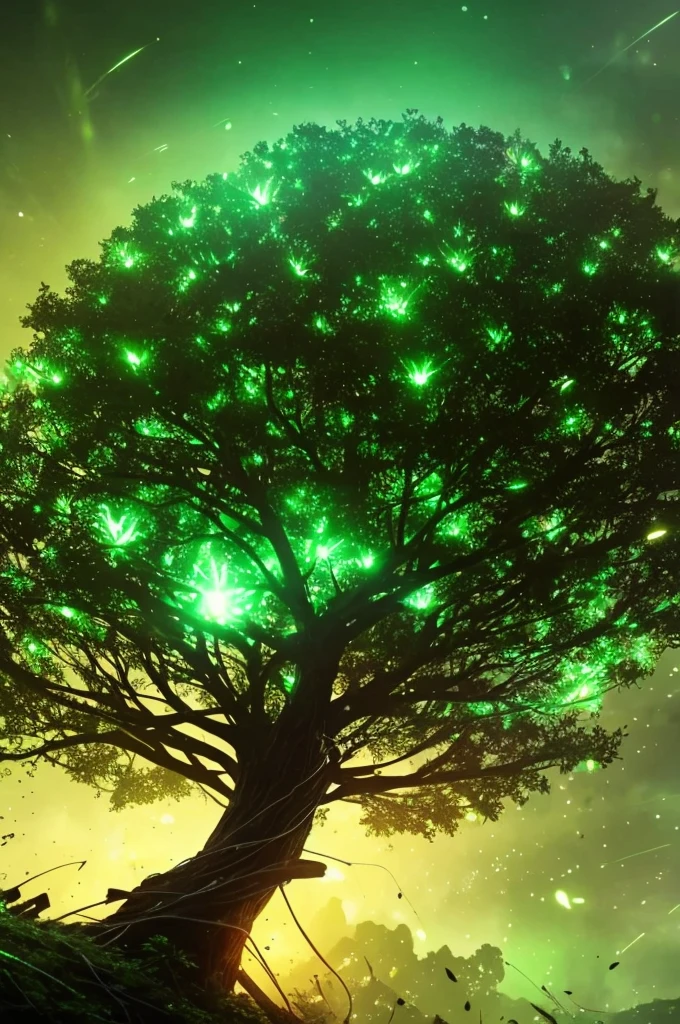 a close up of a tree with a green light in the middle, concept art inspired by Wadim Kashin, trending on cgsociety, conceptual art, glowing firebugs, tiny glowbugs everywhere, glowing spores flying, fireflies glow in the dark, bioluminiscent fireflies, glowing fireflies, tiny fireflies glowing, fireflies glowing