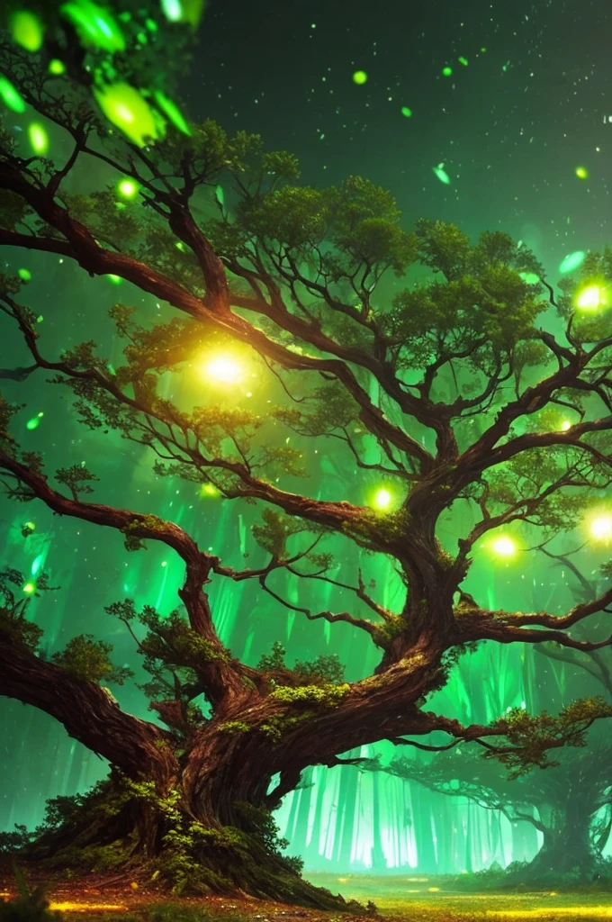 a close up of a tree with a green light in the middle, concept art inspired by Wadim Kashin, trending on cgsociety, conceptual art, glowing firebugs, tiny glowbugs everywhere, glowing spores flying, fireflies glow in the dark, bioluminiscent fireflies, glowing fireflies, tiny fireflies glowing, fireflies glowing