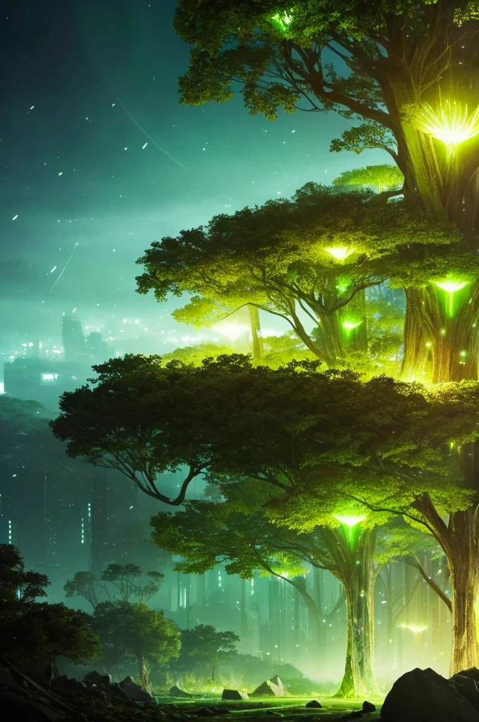 a close up of a tree with a green light in the middle, concept art inspired by Wadim Kashin, trending on cgsociety, conceptual art, glowing firebugs, tiny glowbugs everywhere, glowing spores flying, fireflies glow in the dark, bioluminiscent fireflies, glowing fireflies, tiny fireflies glowing, fireflies glowing