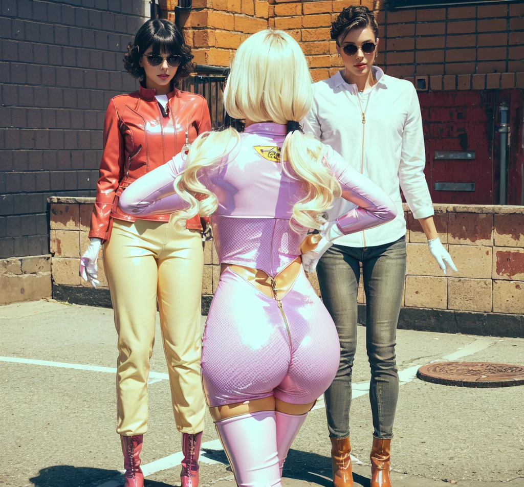 adult woman, blonde curly hair, pink latex outfit, pink boots, white gloves, blue eyes, standing in the City alley, backview