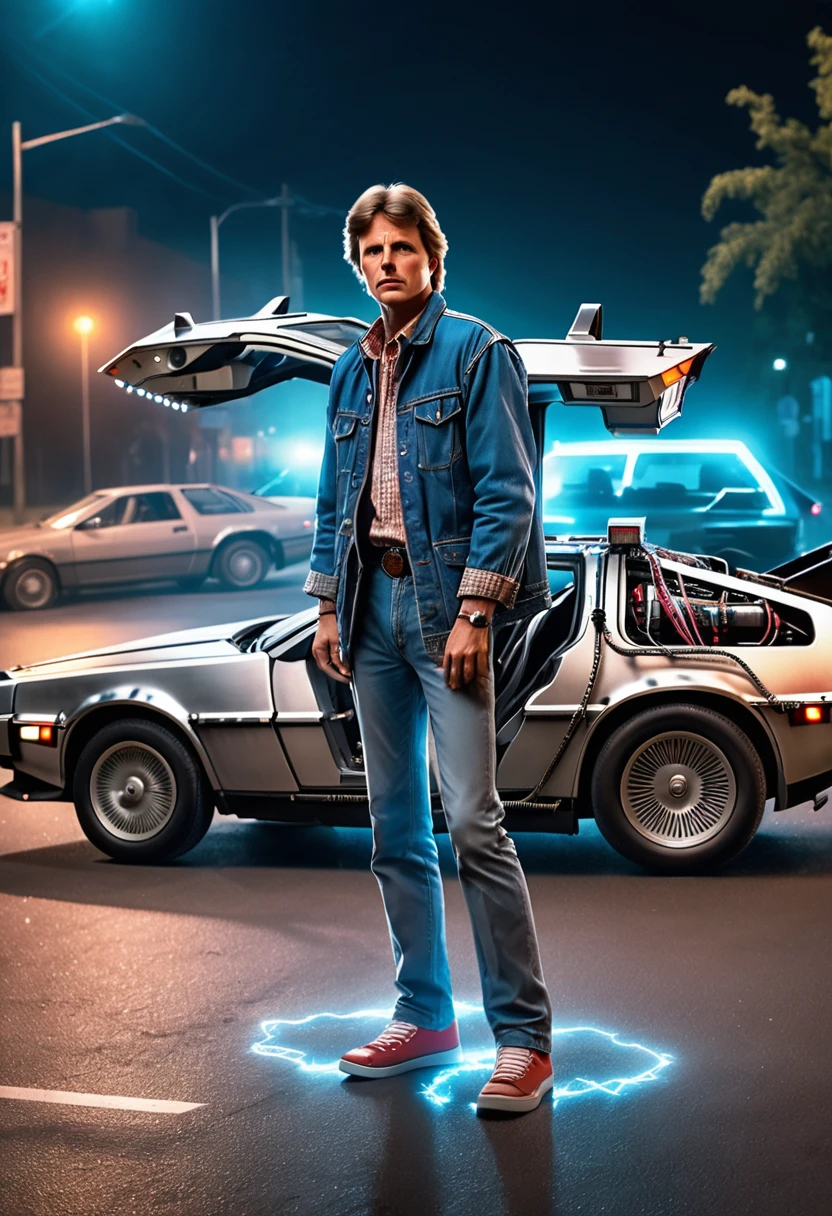 8K,RAW Photos,Highest quality,masterpiece,reality,Very detailed,bfdlrn,back to the future part1 poster,timemachine,delorian,very fine details,Shiny body,Very fine LED particles,A body covered in light particles,night,neon,thunder,inflammation,dazzling,Very beautiful woman,Long Hair,slim,Big eyes,Long legs,Marty McFly&#39;s jacket,hot pants,Nike shoes,movie,