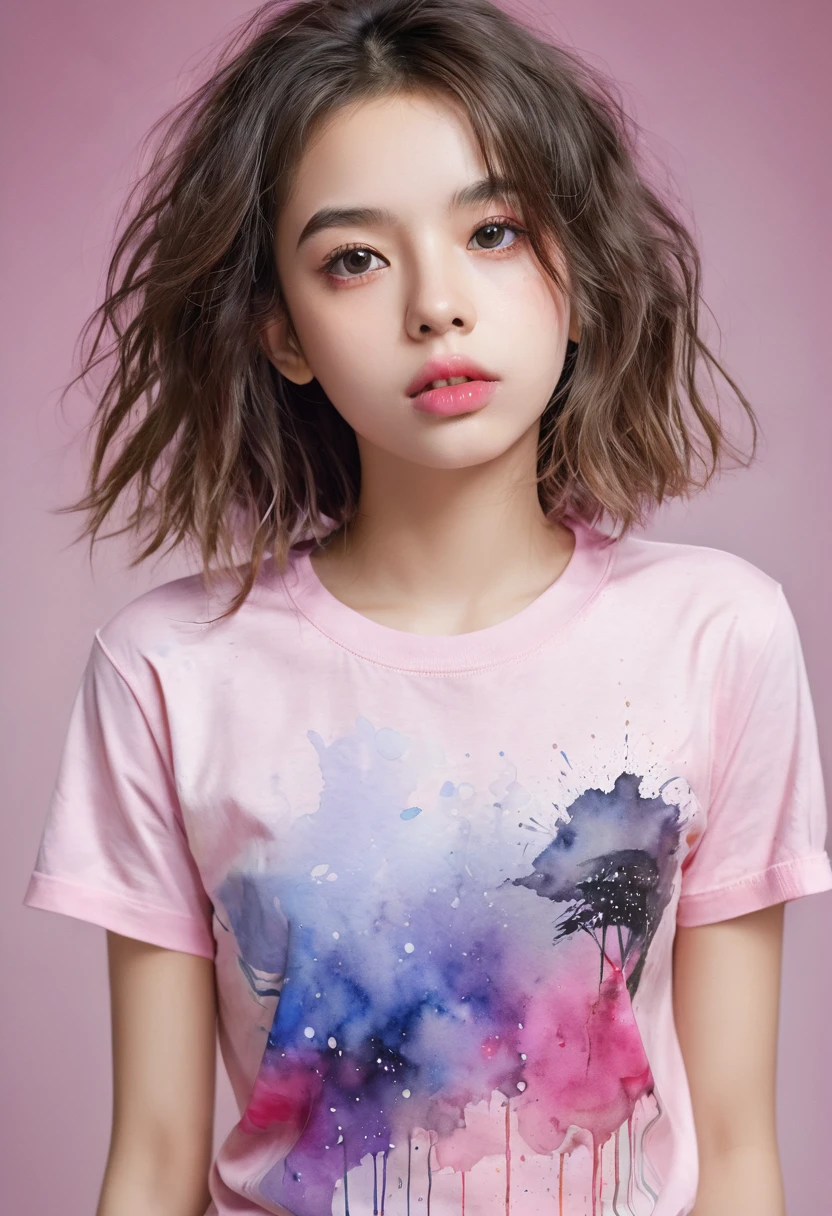 (masterpiece),(best quality:1.1),(Extremely detailed),Best Illustration Award,Fine details,(portrait:1.1),(Strong close-up),Watercolor)floating,1 Girl,Solitary,,Slim,(Extremely exquisite and beautiful face),(Detailed beautiful eyes),Thick pink lips,(Messy hair),(Wearing a pink loose T-shirt),weak,(Simple background:1.2)The whole colorful background,Clear,4K