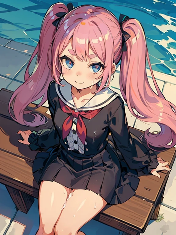 Girl with pink hair, long twintail hairstyle, ((small bushy eyebrows)), wearing gothic ta clothing, loli, walking to school, flirty smile,, bored look, bored face,, (sitting with legs open lifting her skirt to show her vagina wet with semen), male pov, looking from above view