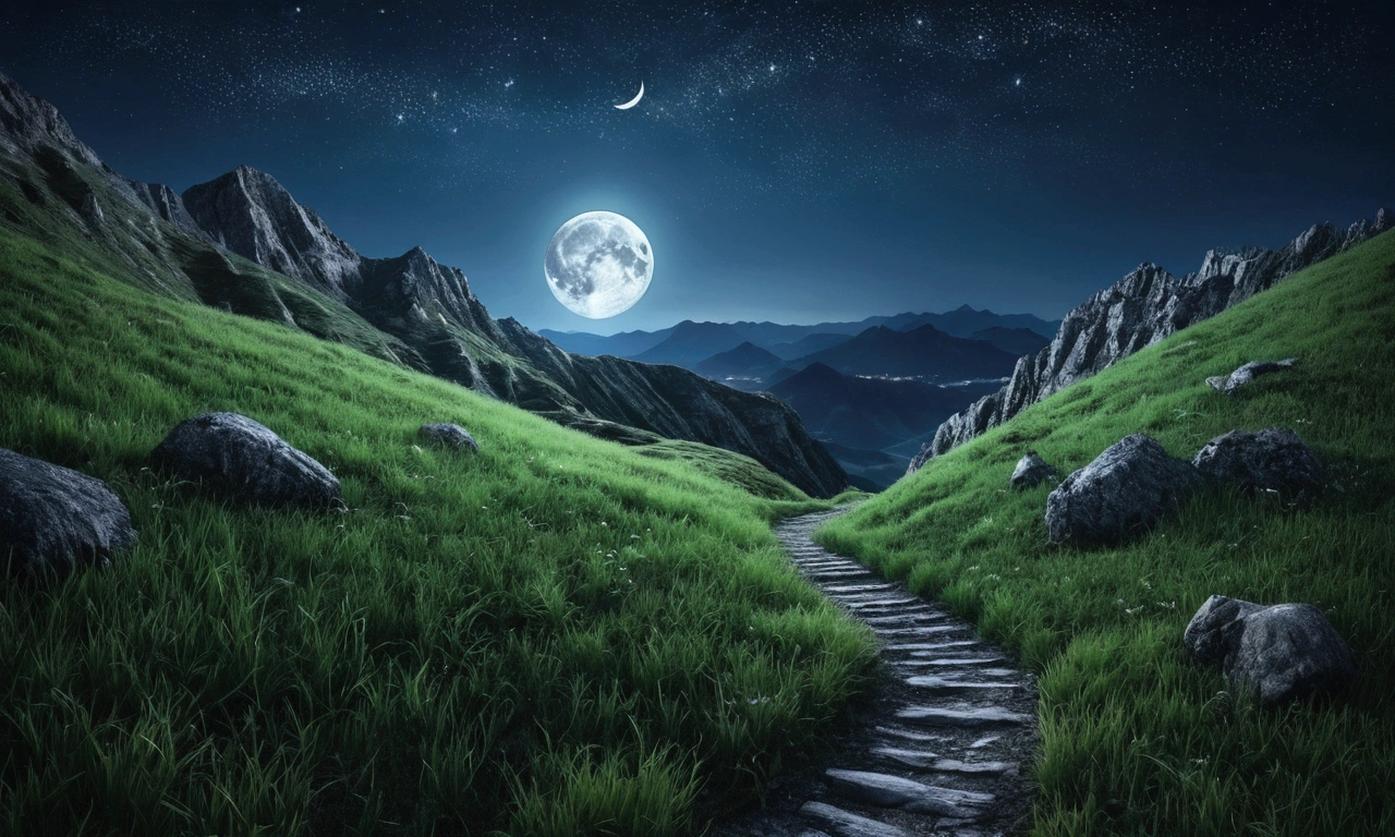 Night view with the moon and stars shining in the sky.very beautiful landscape, extremely detailed, extremely detailed show of a mysterious place; in the foreground the mountain trail with bright green grass