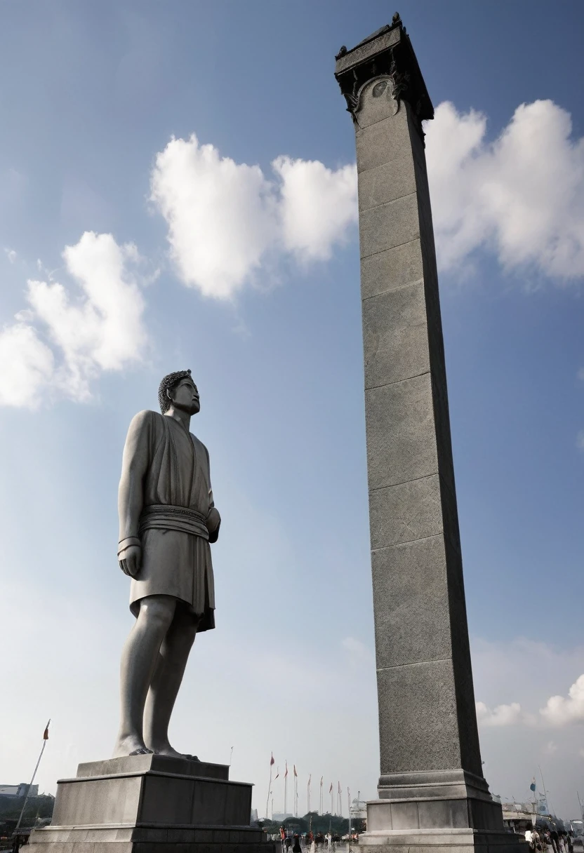 Giant stone street reaching to the clouds holding a pillar next to the body realistic parameters that respect the physical gray statue statue of a man with his face covered entire statue with his entire body complete giant statue with city around his feet 1 kilometer tall statue statue with 1000 kilometers of altitude