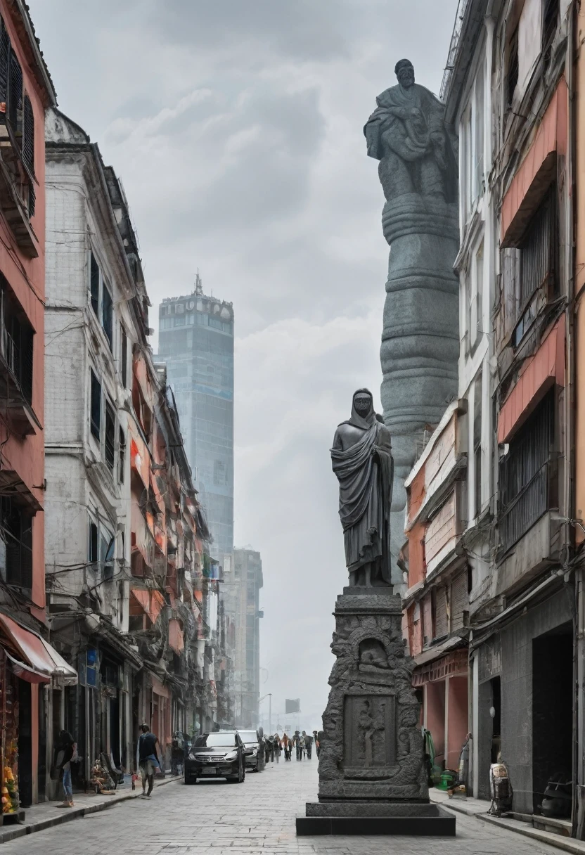 Giant stone street reaching to the clouds holding a pillar next to the body realistic parameters that respect the physical gray statue statue of a man with his face covered entire statue with his entire body complete giant statue with city around his feet 1 kilometer tall statue statue with 1000 kilometers of altitude