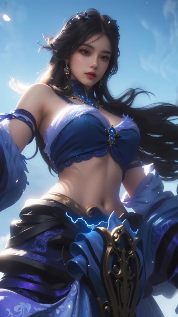 a close up of a woman in a beautiful blue dress, holding a glowing magical sword, intricate detailed face, piercing eyes, lush flowing hair, detailed ornate jewelry, dramatic lighting, fantasy, digital painting, highly detailed, cinematic, masterpiece, 8k, photorealistic