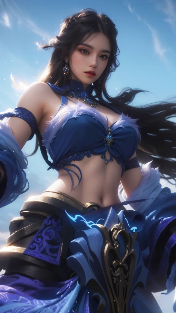 a close up of a woman in a beautiful blue dress, holding a glowing magical sword, intricate detailed face, piercing eyes, lush flowing hair, detailed ornate jewelry, dramatic lighting, fantasy, digital painting, highly detailed, cinematic, masterpiece, 8k, photorealistic