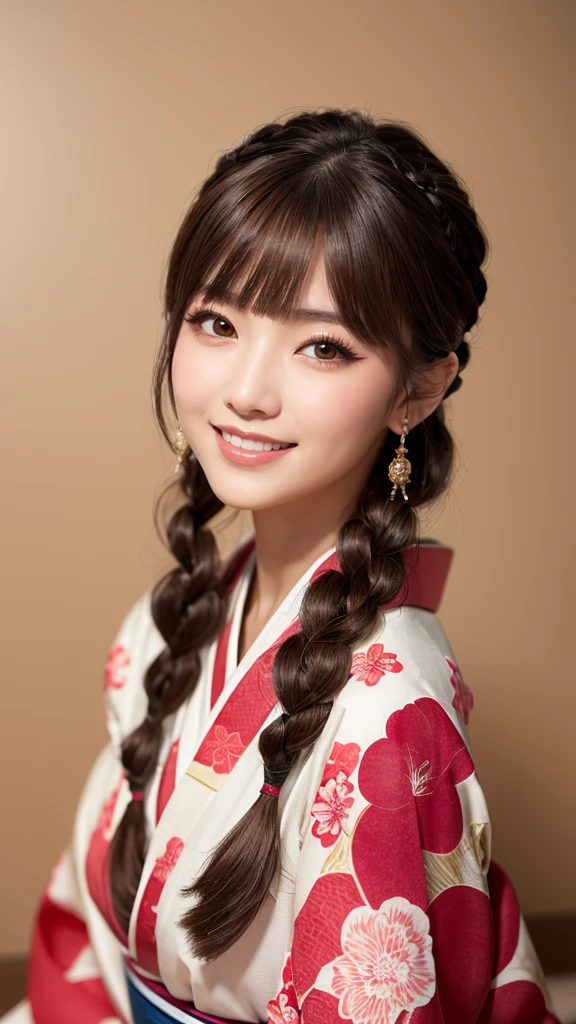 Realistic, masterpiece, Highest quality, Highest Resolution, Anatomically correct, Accurate Anatomy, Five fingers, One Japanese woman, Smile and show your teeth a little., Fine and beautiful eyes, Sparkling eyes, Thin eyebrows, Gives lashes a delicate finish, False eyelashes, (Ukiyo-e Makeup:1.2), (Braided hair, Blunt bangs, Brown Hair:1.2), Detailed face, Sharp Eyes, (Portrait of a beautiful woman in kimono:1.3), Photo taken from the thigh up, Blank background in warm colors