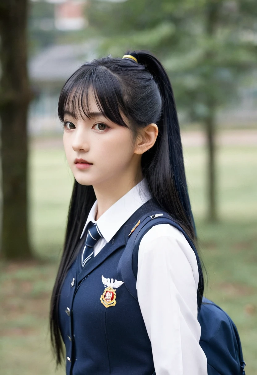 1 Girl, Solitary, Laura S.。. arseid (Dark blue long hair, Ponytail and Side Bangs, Small chest), (Inspired by《Shining》) Showing off her school uniform, in military school, Awkward