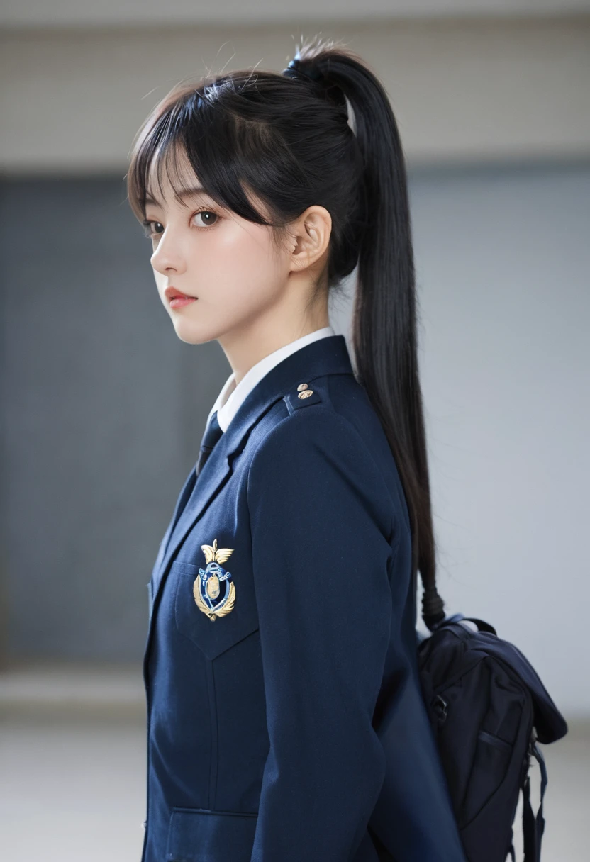 1 Girl, Solitary, Laura S.。. arseid (Dark blue long hair, Ponytail and Side Bangs, Small chest), (Inspired by《Shining》) Showing off her school uniform, in military school, Awkward