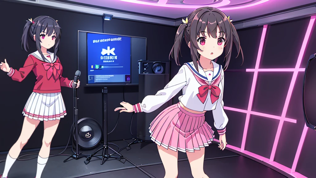 beautiful girl incredible quality 4k vtuber with red eyes black hair with pink ribbon short pleated skirt sailor style blouse long sleeve white long stockings pink tennis shoes with black vtuber youtuber in recording studio room pc gamer background with microphone and rgb cyberpunk LED lights
