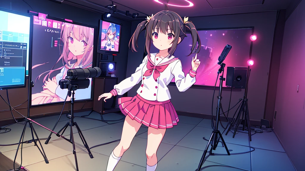 beautiful girl incredible quality 4k vtuber with red eyes black hair with pink ribbon short pleated skirt sailor style blouse long sleeve white long stockings pink tennis shoes with black vtuber youtuber in recording studio room pc gamer background with microphone and rgb cyberpunk LED lights