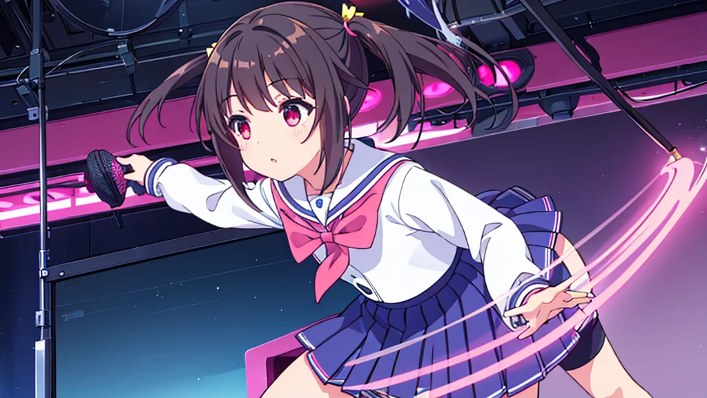 beautiful girl incredible quality 4k vtuber with red eyes black hair with pink ribbon short pleated skirt sailor style blouse long sleeve white long stockings pink tennis shoes with black vtuber youtuber in recording studio room pc gamer background with microphone and rgb cyberpunk LED lights