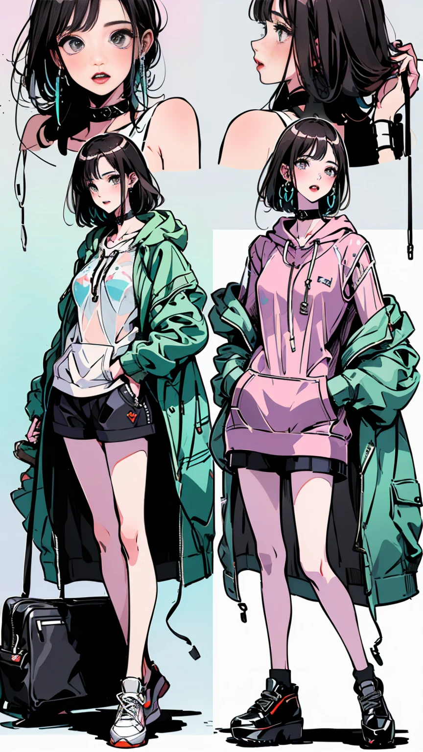 (masterpiece:1.2), Highest quality,Pixiv,Surprised girl,Portraiture,Tank top、(((((see-through hoodie)))))、、Immediately after intense sex、Ecstasy、((((Midsummer clothes、Full body portrait))))、Shorts、Pop Art、Used condoms、Rolled tissue paper