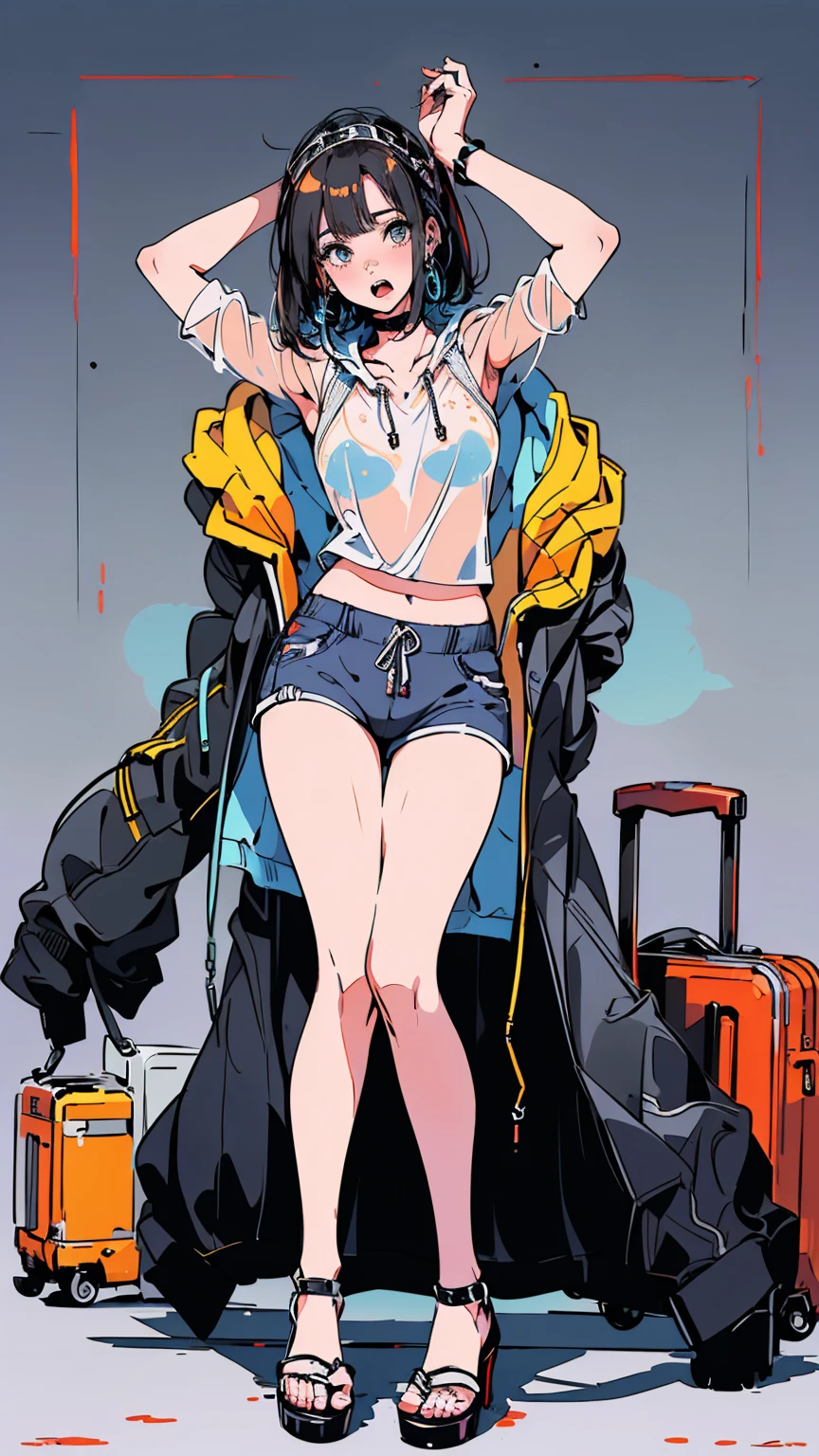 (masterpiece:1.2), Highest quality,Pixiv,Surprised girl,Portraiture,Tank top、(((((see-through hoodie)))))、16 years old、Immediately after intense ???、???????、((((Midsummer clothes、Full body portrait))))、Shorts、Pop Art