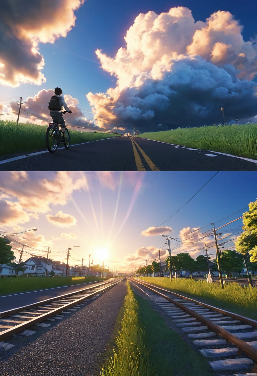 (3d:0.5,Practical:0.5,photoPractical:0.5),(absurd,Super Resolution,masterpiece,best quality,Meticulous attention to detail,absurd:1.2), Dramatic lighting, Dramatic Lighting, Movie, Anime Landscape, Shinkai Makoto, Ghibli, Fantasy World, magic, Beautiful sky, cloud, architecture, bike, Aircraft tracks, birds, Dramatic lightinging, Movie lighting, Sunset, warm Sunset, warm sunlight, street, Depth of Field, lens flare,