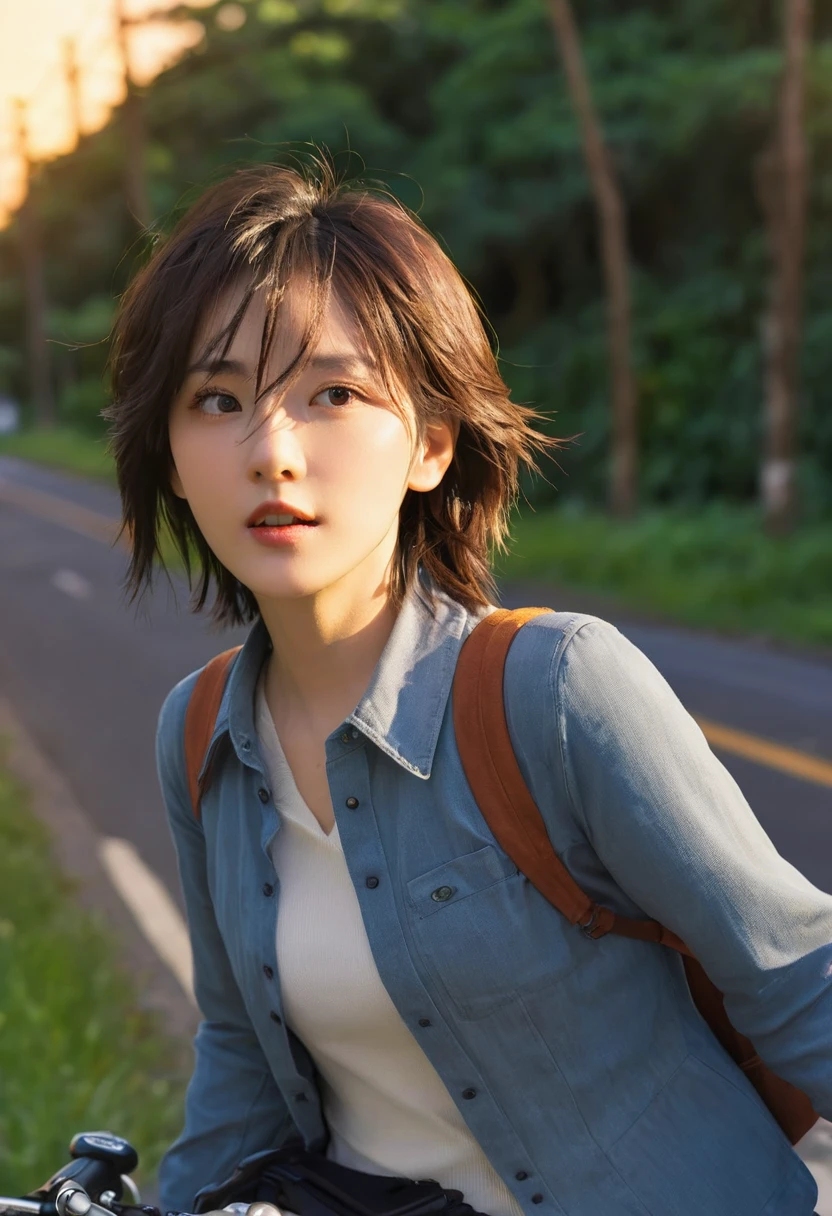 (3d:0.5,Practical:0.5,photoPractical:0.5),(absurd,Super Resolution,masterpiece,best quality,Meticulous attention to detail,absurd:1.2), Dramatic lighting, Dramatic Lighting, Movie, Anime Landscape, Shinkai Makoto, Ghibli, Fantasy World, magic, Beautiful sky, cloud, architecture, bike, Aircraft tracks, birds, Dramatic lightinging, Movie lighting, Sunset, warm Sunset, warm sunlight, street, Depth of Field, lens flare,