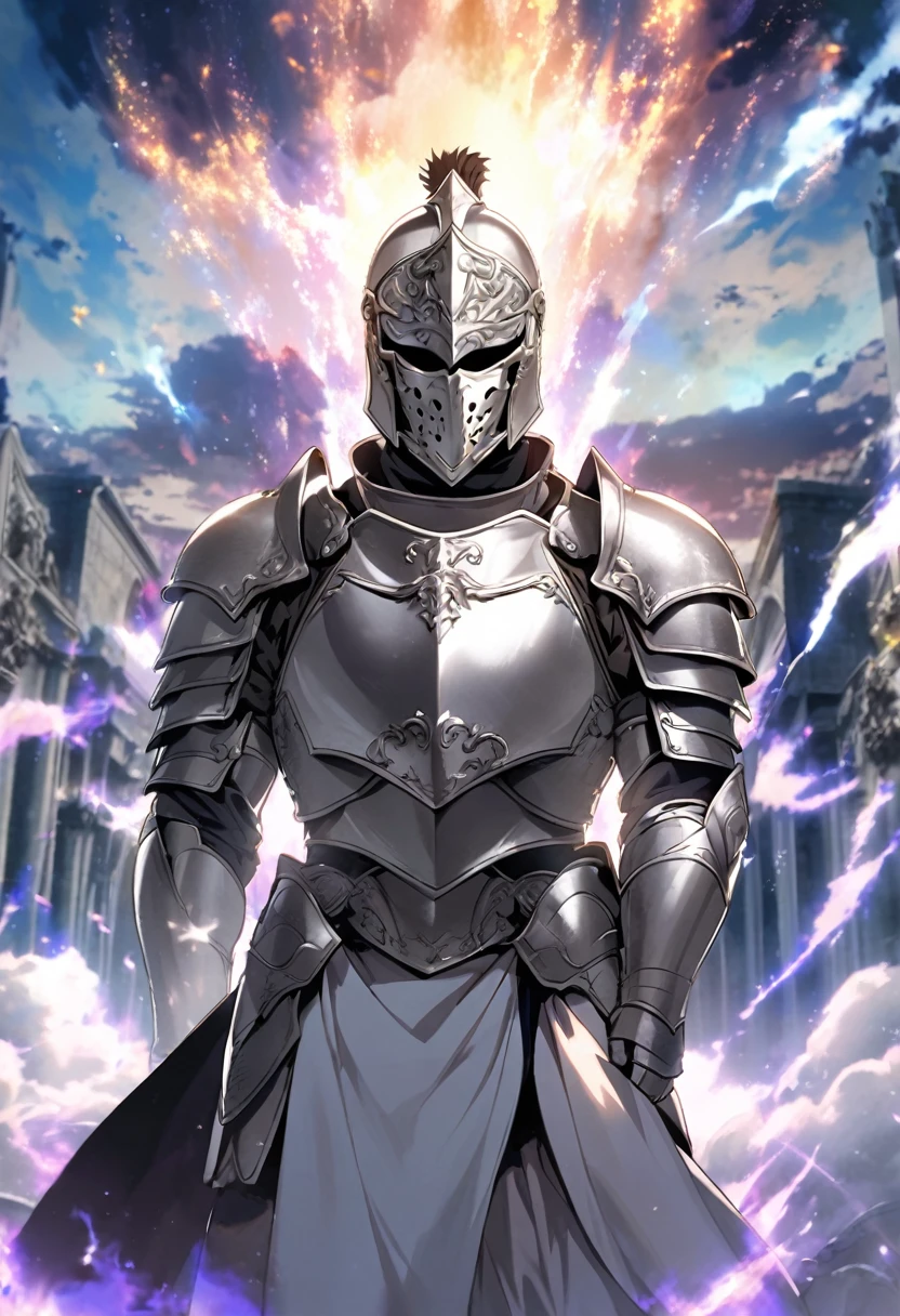 Male, roman knight, silver armor, mask, heaven, aura, 