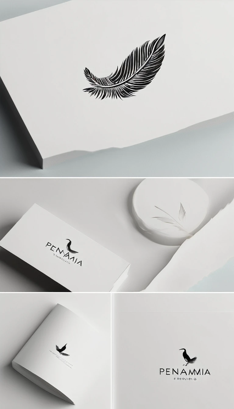 A minimal, modern, simple, cinematic logo design for the brand “Penamemoria". Create a modern, minimalistic, high-quality, logo of a feather-bird