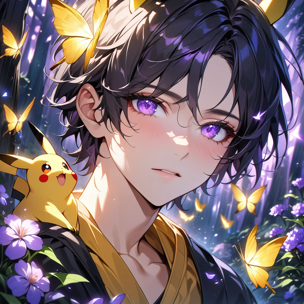 Boy with yellow tshirt,pikachu on head, forest,purple dark light, absurdres, highres, ultra detailed, HDR, master piece, best quality, black hair, expressive purple eyes, black clothes, magical, fantasy, shining, purple flowers, blossoms, yellow butterflies, close up face