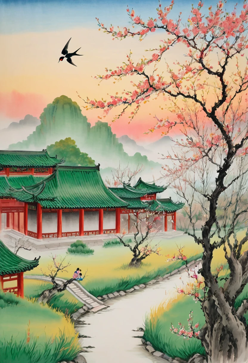 The east wind blows up the spring clothes, And walk in search of the scent and return. red mirror peach blossom smile, Green willows and swallows fly together. Wandering the Winding Path Pity Vanilla, Melancholy Qiaolin hanging sunset. Remember where Yanju is now, Firewood is on the west side of the restaurant. traditional Chinese painting