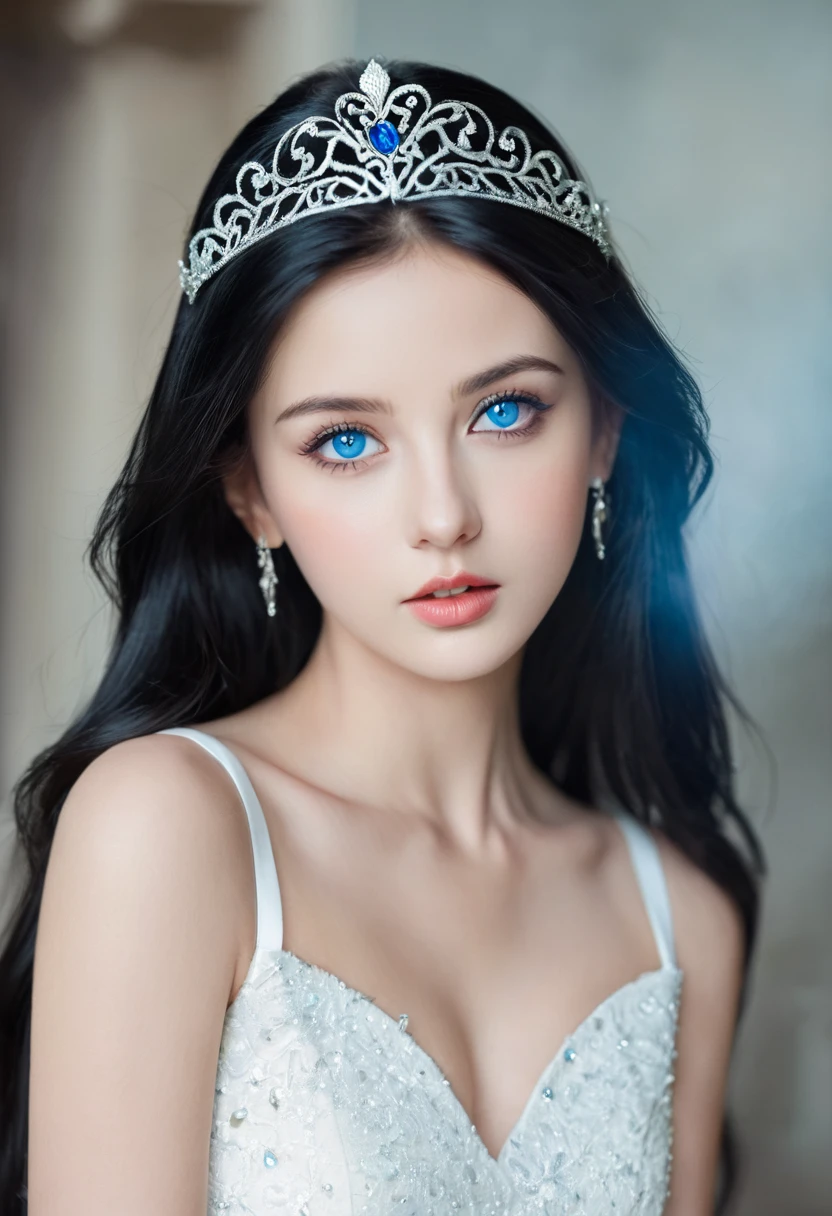 A beautiful and gorgeous young princess,With black hair and blue eyes, She was wearing a beautiful white dress