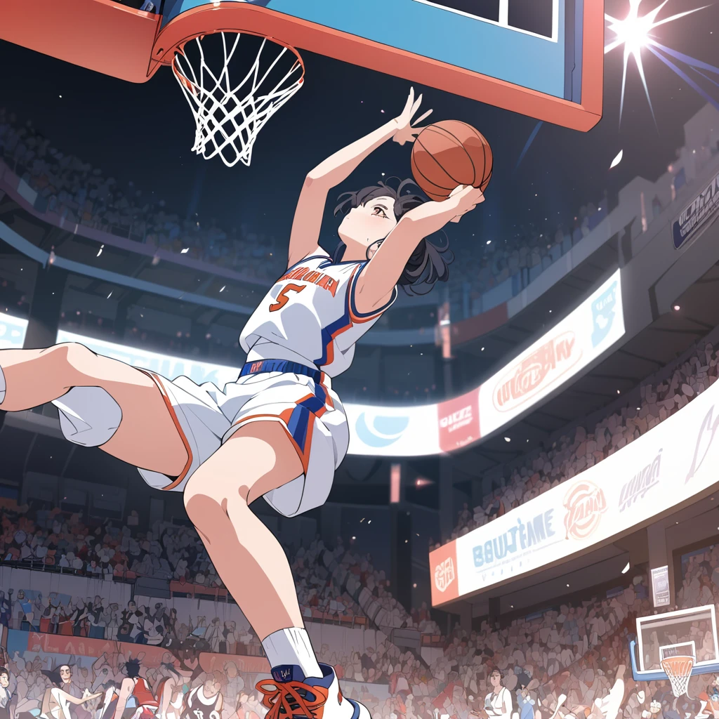 Masterpiece, ultra detailed, beautiful,Super Saturation, anime style, basketball, game winning dunk,Impressive moments,dunk shoot