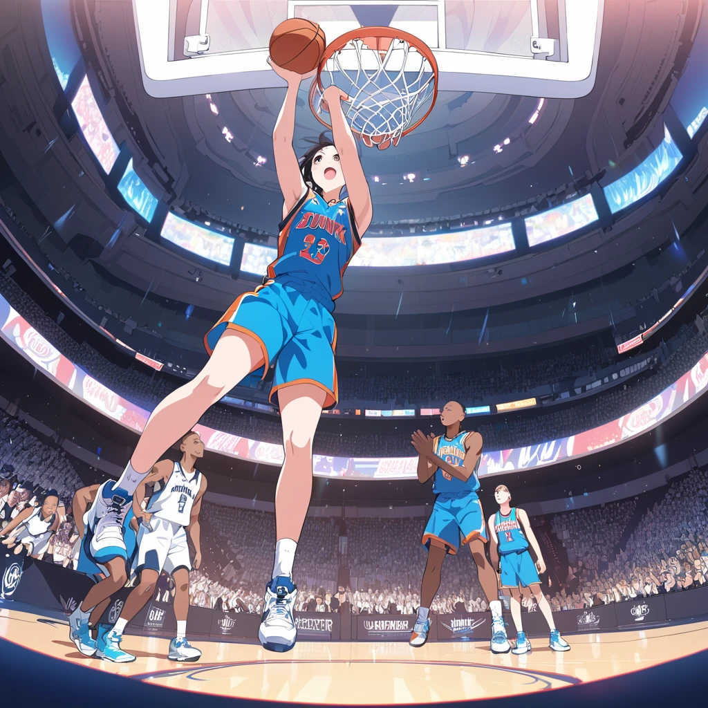 Masterpiece, ultra detailed, beautiful,Super Saturation, anime style, basketball, game winning dunk,Impressive moments,dunk shoot