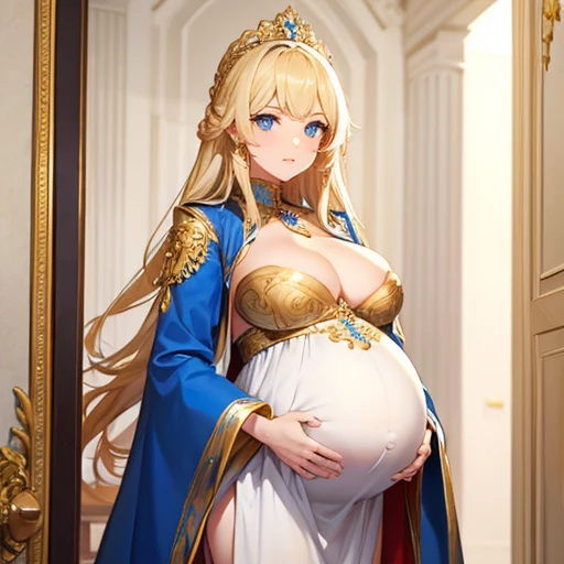 Beautiful pregnant queen, blonde hair, blue eyes, ornate white dress with gold and blue details, cleavage 