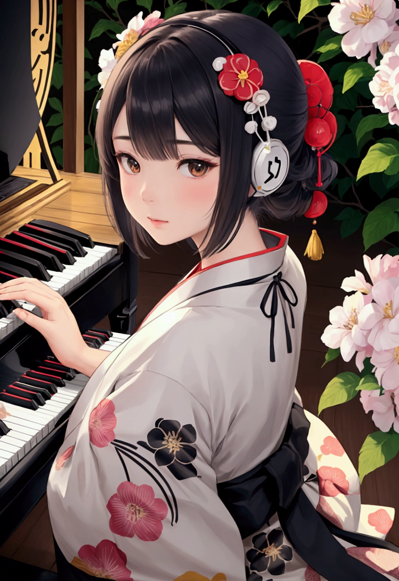 girl with short hair wearing headphones is playing the piano under an apple tree, surrounded by various flowers and plants in the style of Ukiyo. The background features colorful patterns of Japanese geometric shapes and floral motifs. She wears black adorned with intricate designs, adding to her stylish appearance. Her hands gently touch each key on the keyboard as she plays the music. This illustration combines traditional Japanese art elements with modern design for a unique visual experience. --ar 3:4 --niji 6