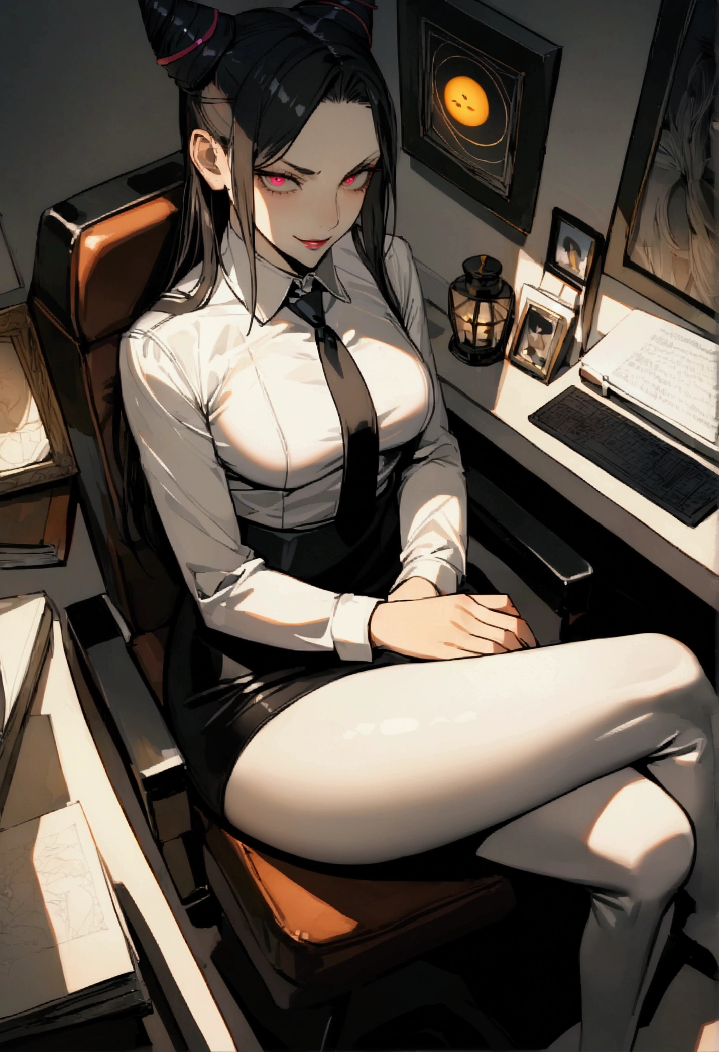 juri han, sitting,cross legs,work of art, tight white secretary shirt with black tie, black high waist skirt, short skirt,stocking, black hair, black tightscary sun,office,bangs on the eyes,lighting,horn of hair,view from above,evil smile,linda,side profile
