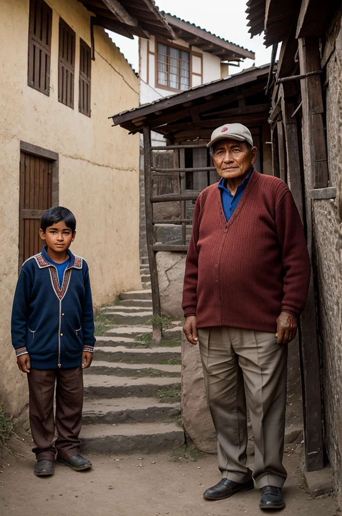 A 16-year-old Quechua boy and his 70-year-old grandfather next to him in a town where hills and old houses can be seen around him.