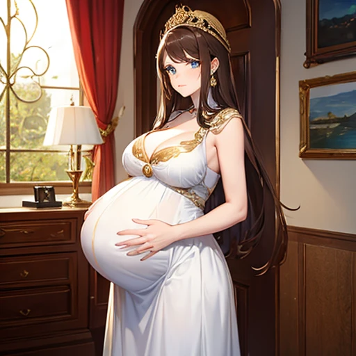 Beautiful pregnant queen, brown hair, blue eyes, ornate white dress with gold details, cleavage