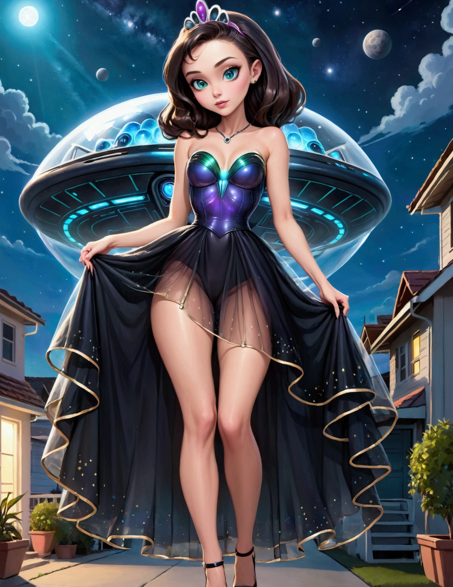 Rachel Pizzolato, age 25, (alien sheer gown, 50s styling, odd makeup) as an alien princess, space ship behind her (landing gear down) seductive approach to viewer, suburb at night