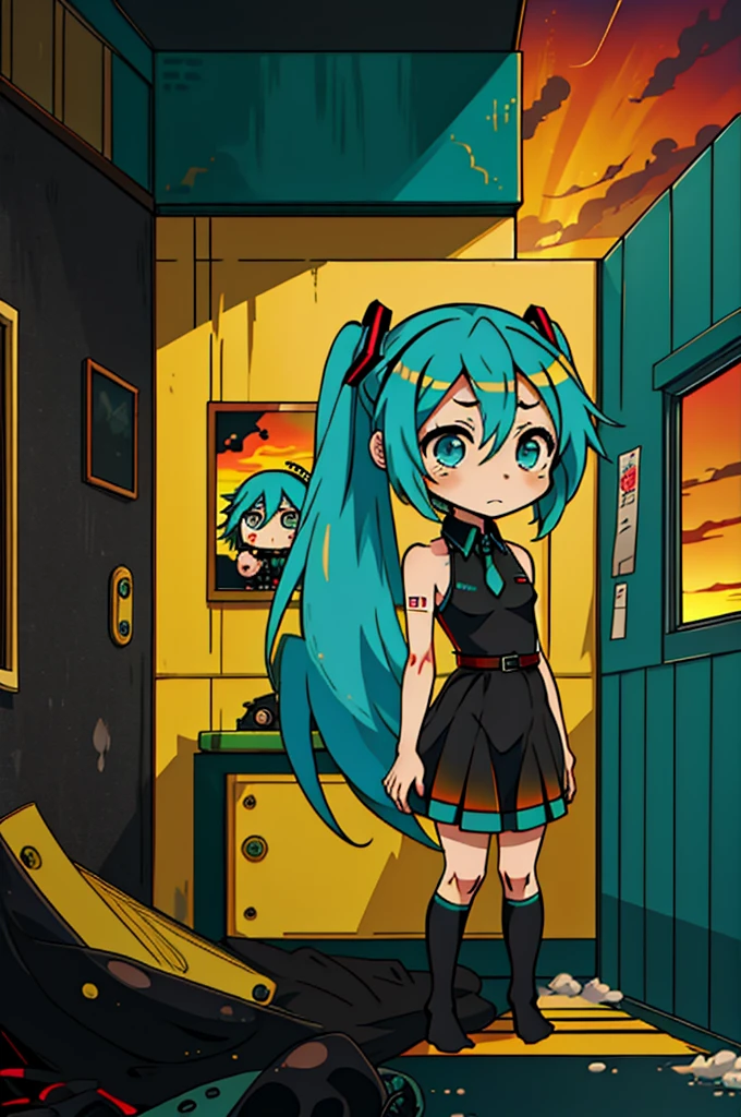 masterpiece, best quality, highly detailed, nozochibi, 1girl, (chibi:1.4), hatsune miku, full body, 1woman, mature, sea eyes, black dress, depressing, sad, sunset bedroom, yellow sky,