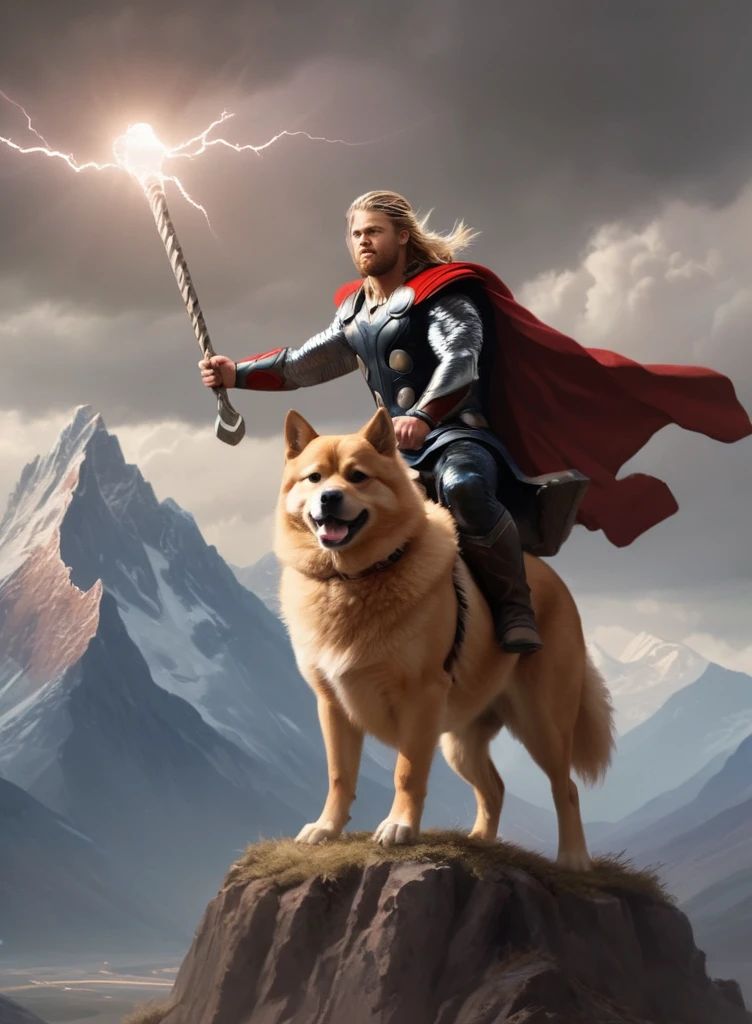 thor riding on a doge, lighting, mountains