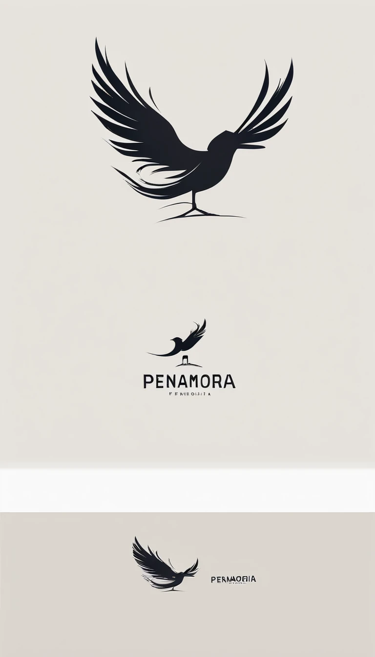 A minimal, modern, simple, cinematic logo design for the brand “Penamemoria". Create a modern, minimalistic, high-quality, logo of a feather-bird