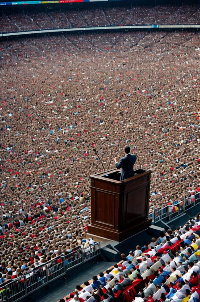 A person giving a speech to thousands of people