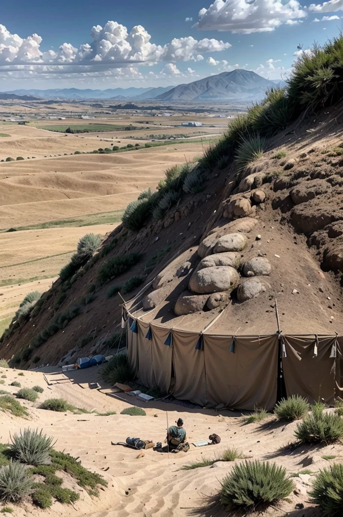 Create a wide panoramic view of two opposite hills with a valley between them, capturing the historical context of the biblical story of David and Goliath. At the top of the hill on the left, illustrate the Israelite camp with tents, flags, and armed soldiers. On the right side, depict the Philistine camp, set up in a more menacing atmosphere. Ensure the following details are included to enhance the authenticity and tension of the scene:
- The sky should be partly cloudy, suggesting the tension of the moment.
- Flags of Israel and the Philistines should flutter in the wind.
- Israelite soldiers should be in simple armor typical of the era, some sitting and others standing, attentive to the situation.
- The Philistine side should have more elaborate armor and a greater number of soldiers, reflecting their confidence and strength.
Additional historical details:
- Tents should be made of animal skins and fabric typical of the period.
- Include campfires with soldiers around them, performing various tasks such as sharpening weapons or cooking.
- The terrain should be rocky with sparse vegetation, appropriate for the geographical location.
- Weapons such as spears, shields, and swords should reflect the ancient period's design.
- The overall atmosphere should convey the tension and anticipation of the impending battle.