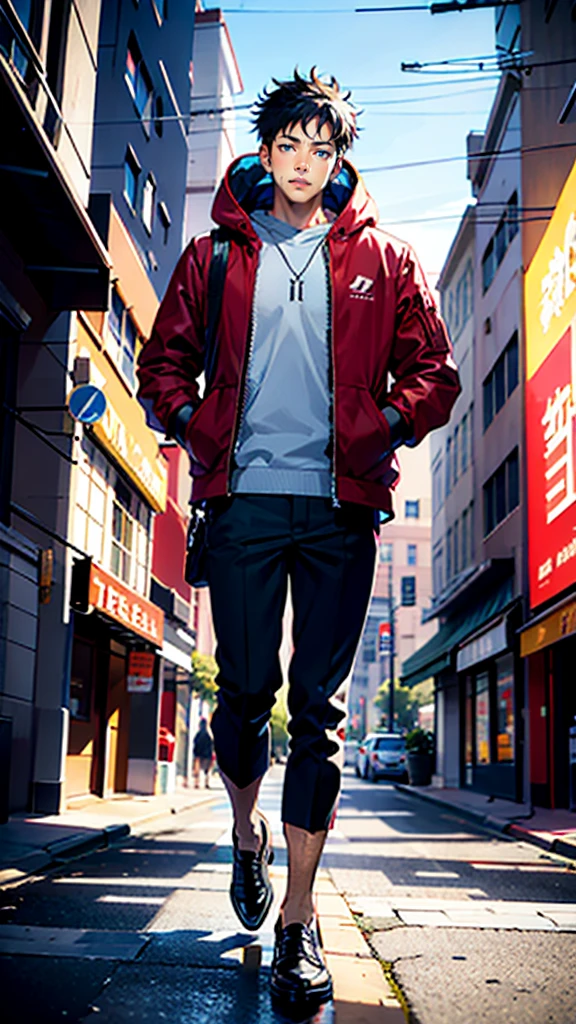 A handsome, dashing young man in the manga series "Jujutsu Kaisen" named, Ita Doti Yuji with his characteristic clothes, black hoodie, and red shoes, with HD, 4K anime photo resolution quality. with a backdrop of sparkling light, body-saving fantasy, and dynamic effects, urban atmosphere, cyberpunk,. AND STANDING IN THE MIDDLE OF THE CITY.