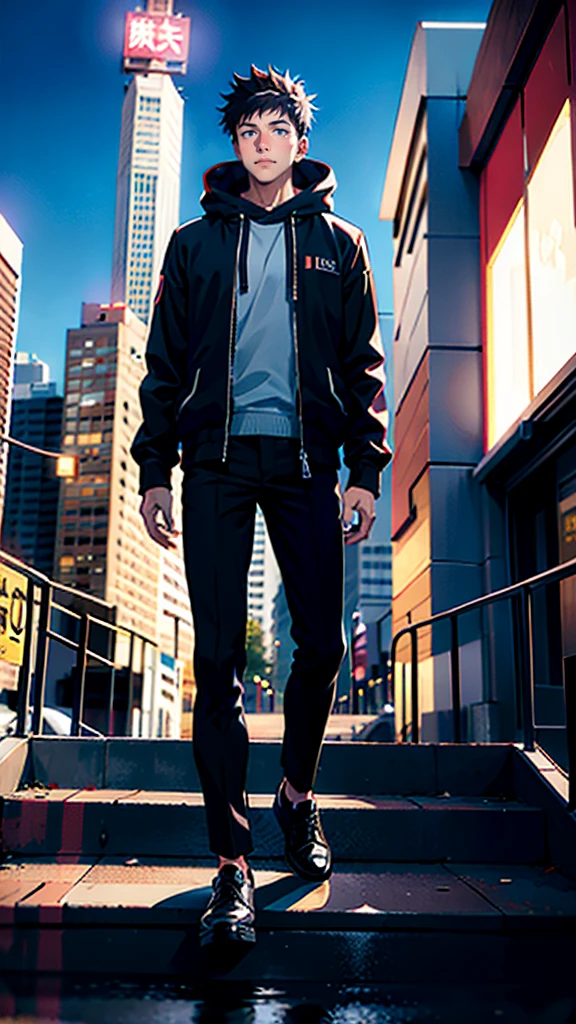 A handsome, dashing young man in the manga series "Jujutsu Kaisen" named, Ita Doti Yuji with his characteristic clothes, black hoodie, and red shoes, with HD, 4K anime photo resolution quality. with a backdrop of sparkling light, body-saving fantasy, and dynamic effects, urban atmosphere, cyberpunk,. AND STANDING IN THE MIDDLE OF THE CITY.