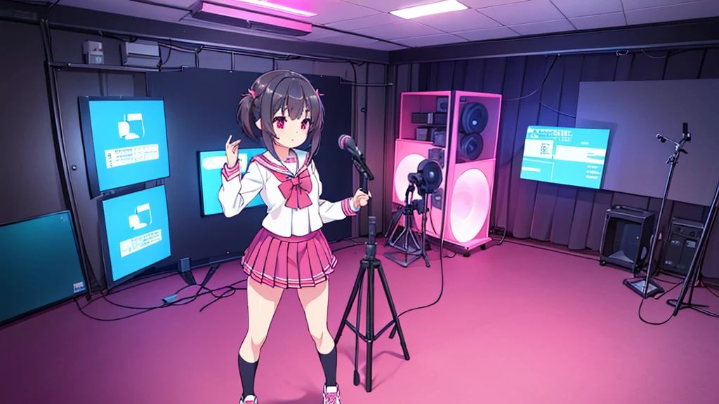 beautiful girl incredible quality 4k vtuber with red eyes black hair with pink ribbon short pleated skirt sailor style blouse long sleeve white long stockings pink tennis shoes with black vtuber youtuber in recording studio room pc gamer background with microphone and rgb cyberpunk LED lights