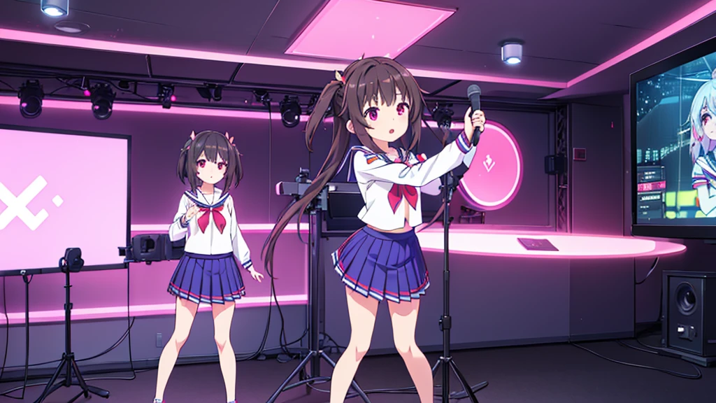 beautiful girl incredible quality 4k vtuber with red eyes black hair with pink ribbon short pleated skirt sailor style blouse long sleeve white long stockings pink tennis shoes with black vtuber youtuber in recording studio room pc gamer background with microphone and rgb cyberpunk LED lights
