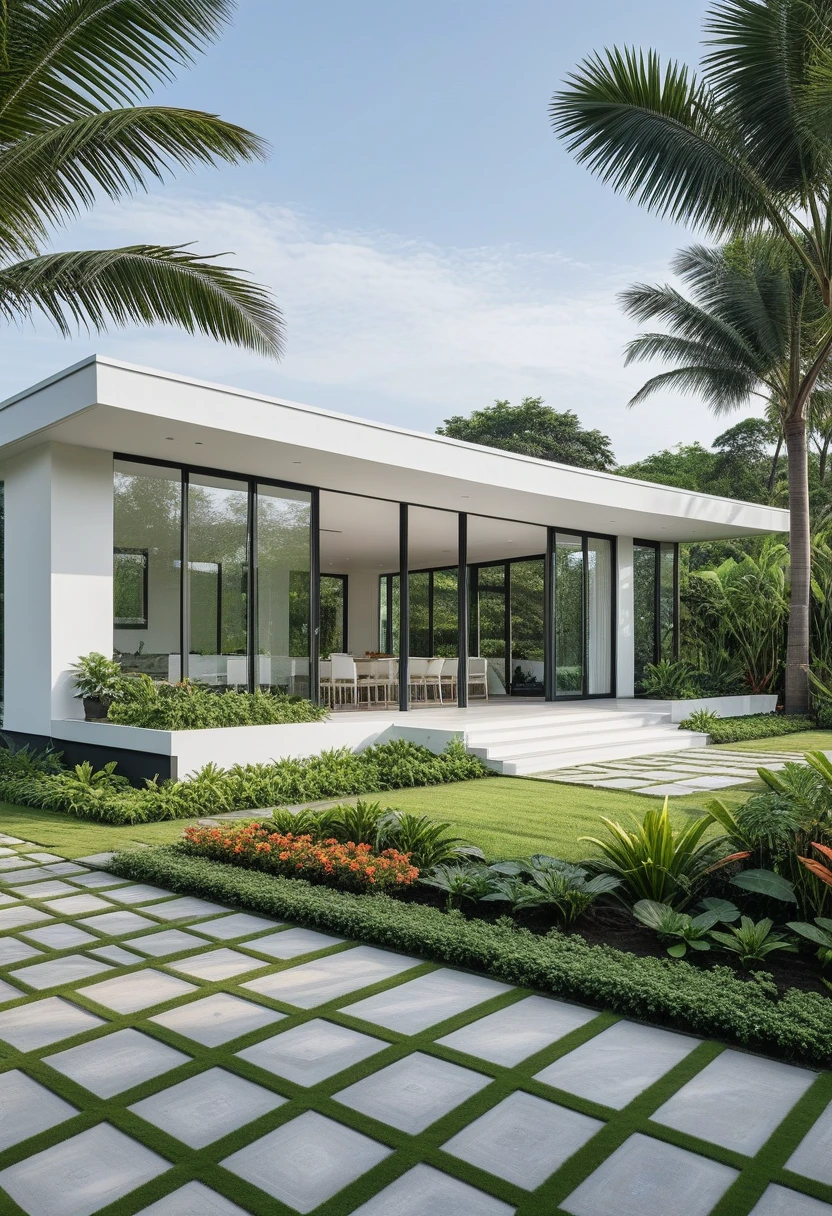 A hyper-realistic image of a modern one-story house with a minimalist design, featuring a combination of white and glass materials. The house has a flat roof, large floor-to-ceiling glass windows, and a spacious front yard. The entrance is flanked by lush greenery and well-maintained garden paths with concrete pavers and grass. The garden includes various tropical plants and trees. 
