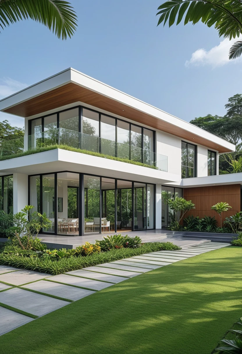 A hyper-realistic image of a modern one-story house with a minimalist design, featuring a combination of white and glass materials. The house has a flat roof, large floor-to-ceiling glass windows, and a spacious front yard. The entrance is flanked by lush greenery and well-maintained garden paths with concrete pavers and grass. The garden includes various tropical plants and trees.