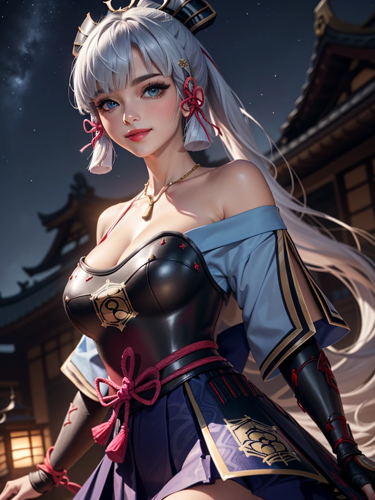 ((masterpiece)),(bestquality),((ultra-detailed)), ((beautiful detailed sky)), ((cinematic lighting)), depth of field, (dynamic angle),detailed lighting,((beautiful detailed eyes)), (night sky view), red lip, smile,eyeshadow,large breast, cleavage, ((bare arm, short skirt , off shoulders, sexy)), ((kamisatoayakadef))