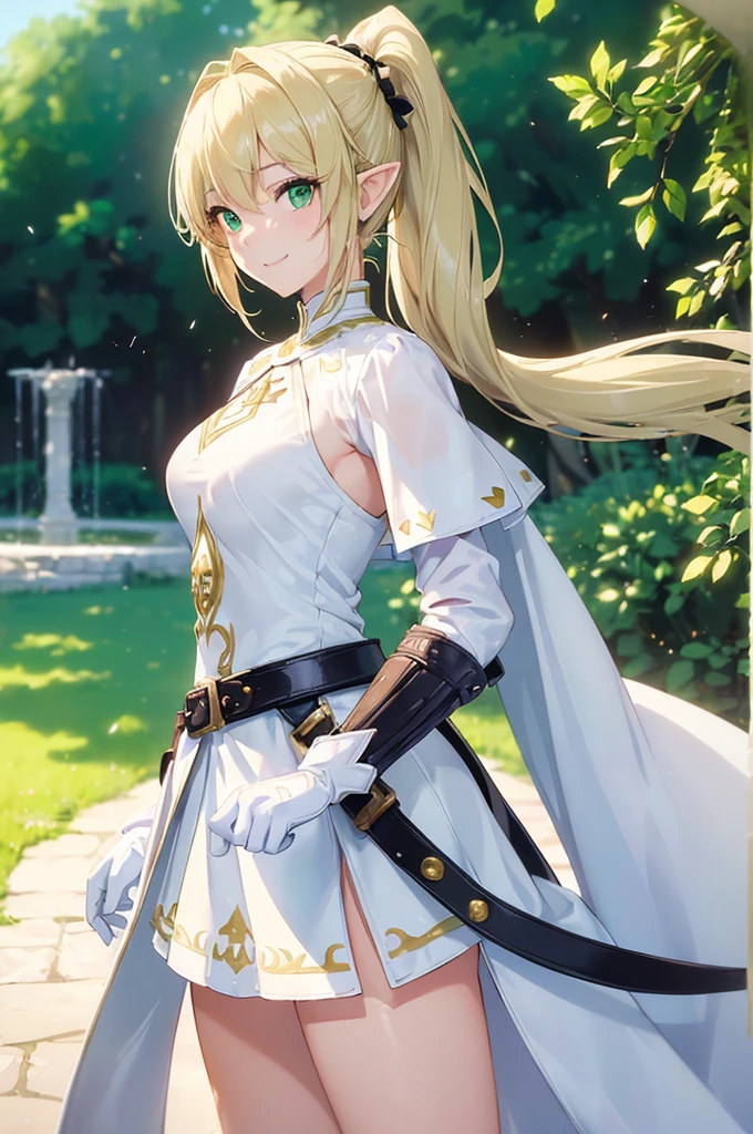 (((masterpiece; best quality: 1.2))), (finely detailed eyes: 1.3), (25 year old elf woman), (solo), (green eyes: 1.4), (body; buxom, fit, femenine: 1.3), (silky blonde hair in low ponytail: 1.3), (beautiful and clear background: 1.2), ((depth of field)), (equipment: adventurer attire + modest + long white tunic-coat + white cape + black longskirt + gloves + belt + pouches: 1.3), (anime illustration: 1.2), (background composition; royal garden: 1.1), (extremely fine and beautiful: 1.1), (shot composition; standing + centered on torso + close-up: 1.5), (expression; calm, smile: 1.2)