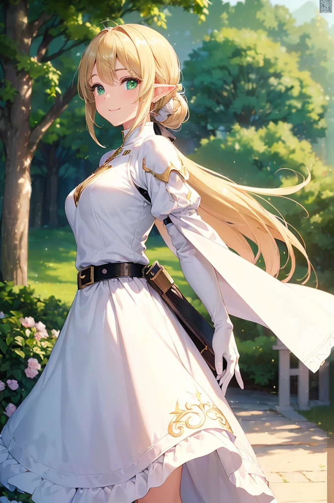 (((masterpiece; best quality: 1.2))), (finely detailed eyes: 1.3), (25 year old elf woman), (solo), (green eyes: 1.4), (body; buxom, fit, femenine: 1.3), (silky blonde hair in low ponytail: 1.3), (beautiful and clear background: 1.2), ((depth of field)), (equipment: adventurer attire + modest + long white tunic-coat + white cape + black longskirt + gloves + belt + pouches: 1.3), (anime illustration: 1.2), (background composition; royal garden: 1.1), (extremely fine and beautiful: 1.1), (shot composition; standing + centered on torso + close-up: 1.5), (expression; calm, smile: 1.2)